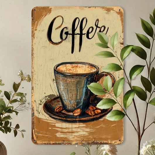 Steaming Coffee Vintage Metal Sign Canvas Afdruk