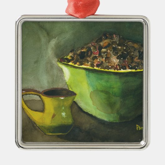 Steaming Morning Cup Koffee Bowl-koffiebonen Metalen Ornament (Voorkant)