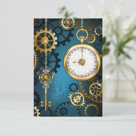 Steampun turquoise Achtergrond met tandwielen Aankondiging (Staand voorkant)