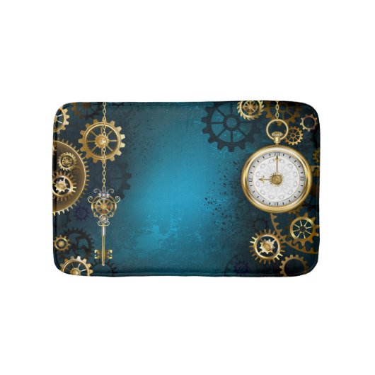 Steampun turquoise Achtergrond met tandwielen Badmat (Voorkant)