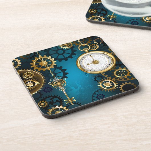 Steampun turquoise Achtergrond met tandwielen Bier Onderzetter (Linkerzijde)