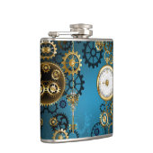 Steampun turquoise Achtergrond met tandwielen Heupfles (Rechts)