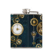 Steampun turquoise Achtergrond met tandwielen Heupfles (Achterkant)