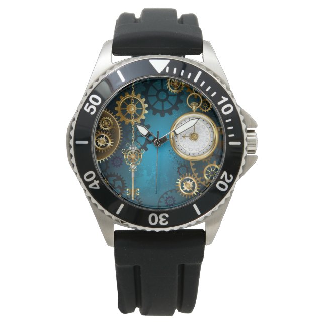 Steampun turquoise Achtergrond met tandwielen Horloge (Voorkant)