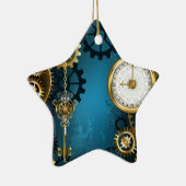 Steampun turquoise Achtergrond met tandwielen Keramisch Ornament (Rechts)