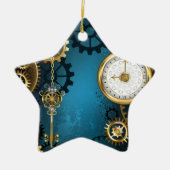 Steampun turquoise Achtergrond met tandwielen Keramisch Ornament (Voorkant)