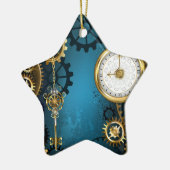Steampun turquoise Achtergrond met tandwielen Keramisch Ornament (Links)