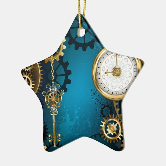 Steampun turquoise Achtergrond met tandwielen Keramisch Ornament (Links)