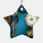 Steampun turquoise Achtergrond met tandwielen Keramisch Ornament (Achterkant)