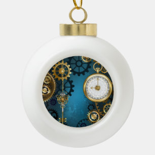 Steampun turquoise Achtergrond met tandwielen Keramische Bal Ornament