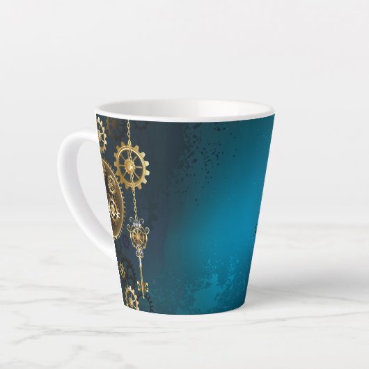 Steampun turquoise Achtergrond met tandwielen Latte Mok (Linkerhoek)