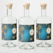 Steampun turquoise Achtergrond met tandwielen Likeurfles Etiket (Flessen)
