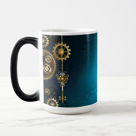 Steampun turquoise Achtergrond met tandwielen Magische Mok (Links)