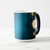 Steampun turquoise Achtergrond met tandwielen Magische Mok (Voorkant rechts)