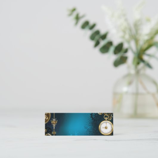 Steampun turquoise Achtergrond met tandwielen Mini Visitekaartje (Staand voorkant)