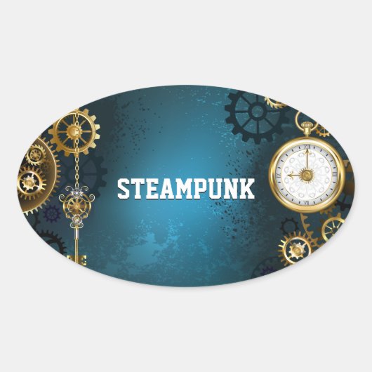 Steampun turquoise Achtergrond met tandwielen Ovale Sticker (Voorkant)
