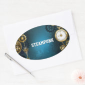 Steampun turquoise Achtergrond met tandwielen Ovale Sticker (Envelop)