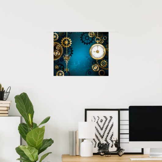Steampun turquoise Achtergrond met tandwielen Poster (Thuiskantoor)