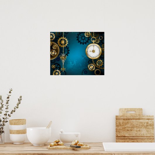 Steampun turquoise Achtergrond met tandwielen Poster (Keuken)