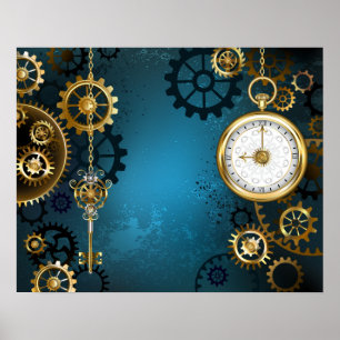 Steampun turquoise Achtergrond met tandwielen Poster