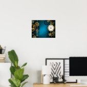 Steampun turquoise Achtergrond met tandwielen Poster (Thuiskantoor)