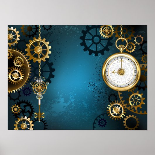 Steampun turquoise Achtergrond met tandwielen Poster (Voorkant)