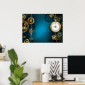 Steampun turquoise Achtergrond met tandwielen Poster (Thuiskantoor)