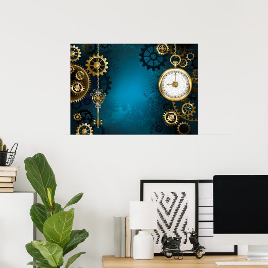 Steampun turquoise Achtergrond met tandwielen Poster (Thuiskantoor)