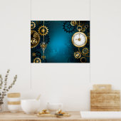 Steampun turquoise Achtergrond met tandwielen Poster (Keuken)