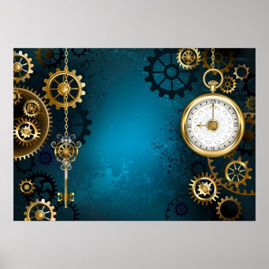 Steampun turquoise Achtergrond met tandwielen Poster (Voorkant)