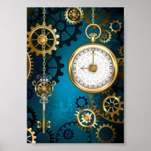 Steampun turquoise Achtergrond met tandwielen Poster