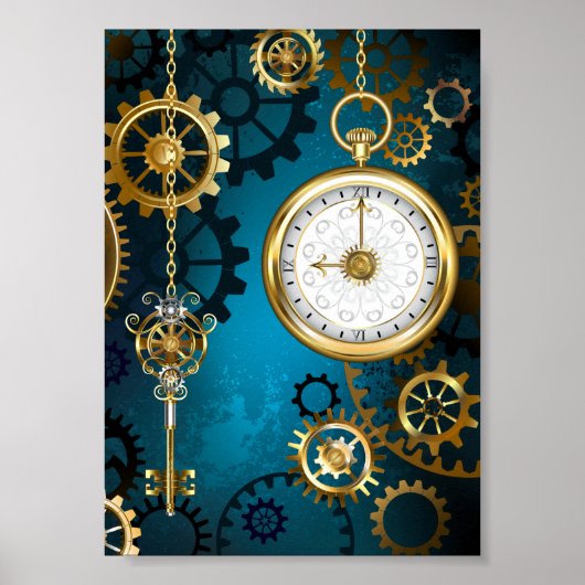 Steampun turquoise Achtergrond met tandwielen Poster (Voorkant)