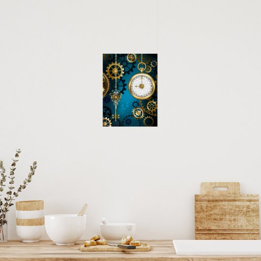 Steampun turquoise Achtergrond met tandwielen Poster (Keuken)