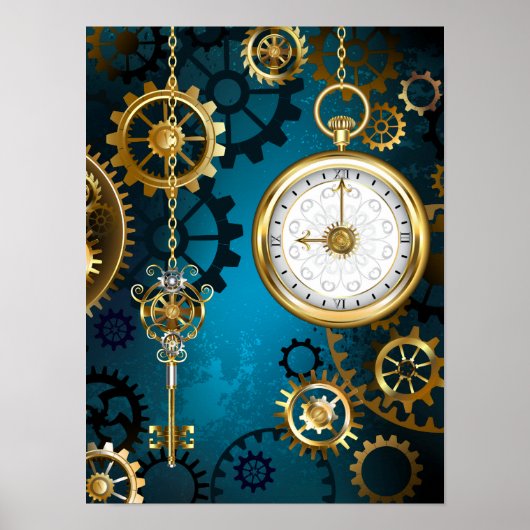 Steampun turquoise Achtergrond met tandwielen Poster (Voorkant)