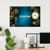 Steampun turquoise Achtergrond met tandwielen Poster (Thuiskantoor)