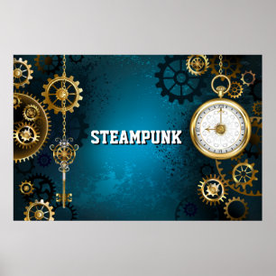 Steampun turquoise Achtergrond met tandwielen Poster