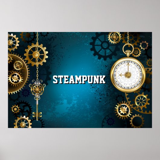 Steampun turquoise Achtergrond met tandwielen Poster (Voorkant)