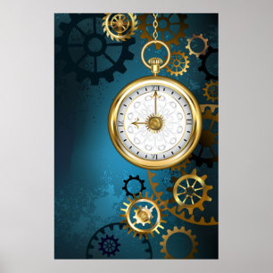 Steampun turquoise Achtergrond met tandwielen Poster