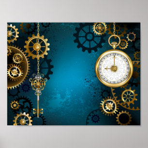 Steampun turquoise Achtergrond met tandwielen Poster