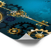Steampun turquoise Achtergrond met tandwielen Poster (Hoek)