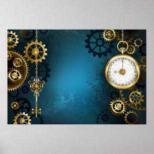 Steampun turquoise Achtergrond met tandwielen Poster
