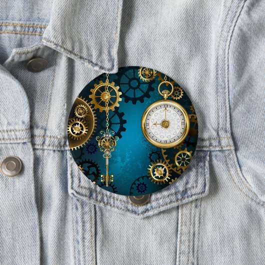 Steampun turquoise Achtergrond met tandwielen Ronde Button 4,0 Cm (In situ)
