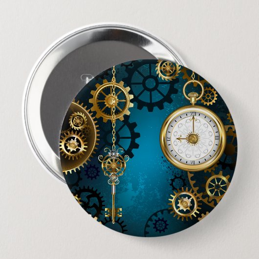 Steampun turquoise Achtergrond met tandwielen Ronde Button 4,0 Cm (Voorkant /achterkant)