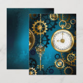 Steampun turquoise Achtergrond met tandwielen RSVP Kaartje (Voorkant / Achterkant)