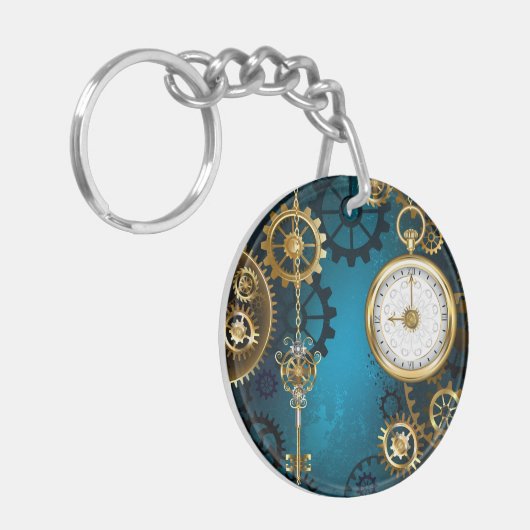 Steampun turquoise Achtergrond met tandwielen Sleutelhanger (Voorkant Links)
