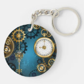 Steampun turquoise Achtergrond met tandwielen Sleutelhanger (Achterkant)