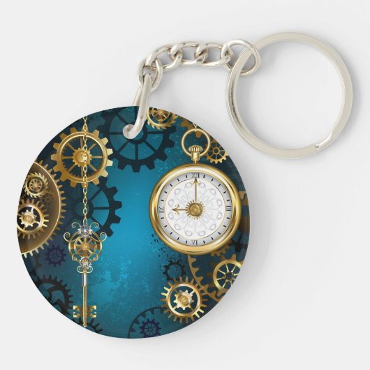 Steampun turquoise Achtergrond met tandwielen Sleutelhanger (Achterkant)