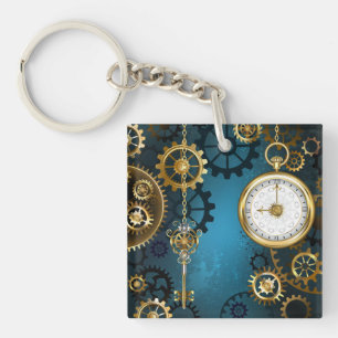 Steampun turquoise Achtergrond met tandwielen Sleutelhanger