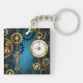 Steampun turquoise Achtergrond met tandwielen Sleutelhanger (Achterkant)