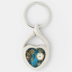 Steampun turquoise Achtergrond met tandwielen Sleutelhanger